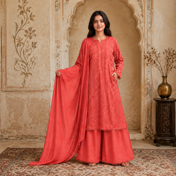 Coral Pink Chikankari Lawn 3-Piece Suit