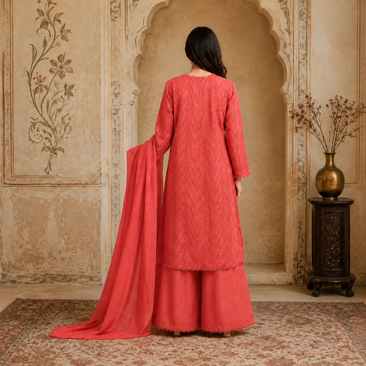 Coral Pink Chikankari Lawn 3-Piece Suit