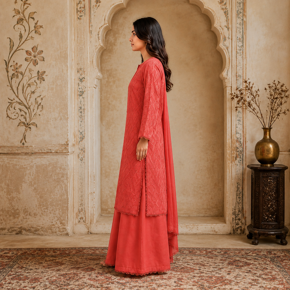 Coral Pink Chikankari Lawn 3-Piece Suit