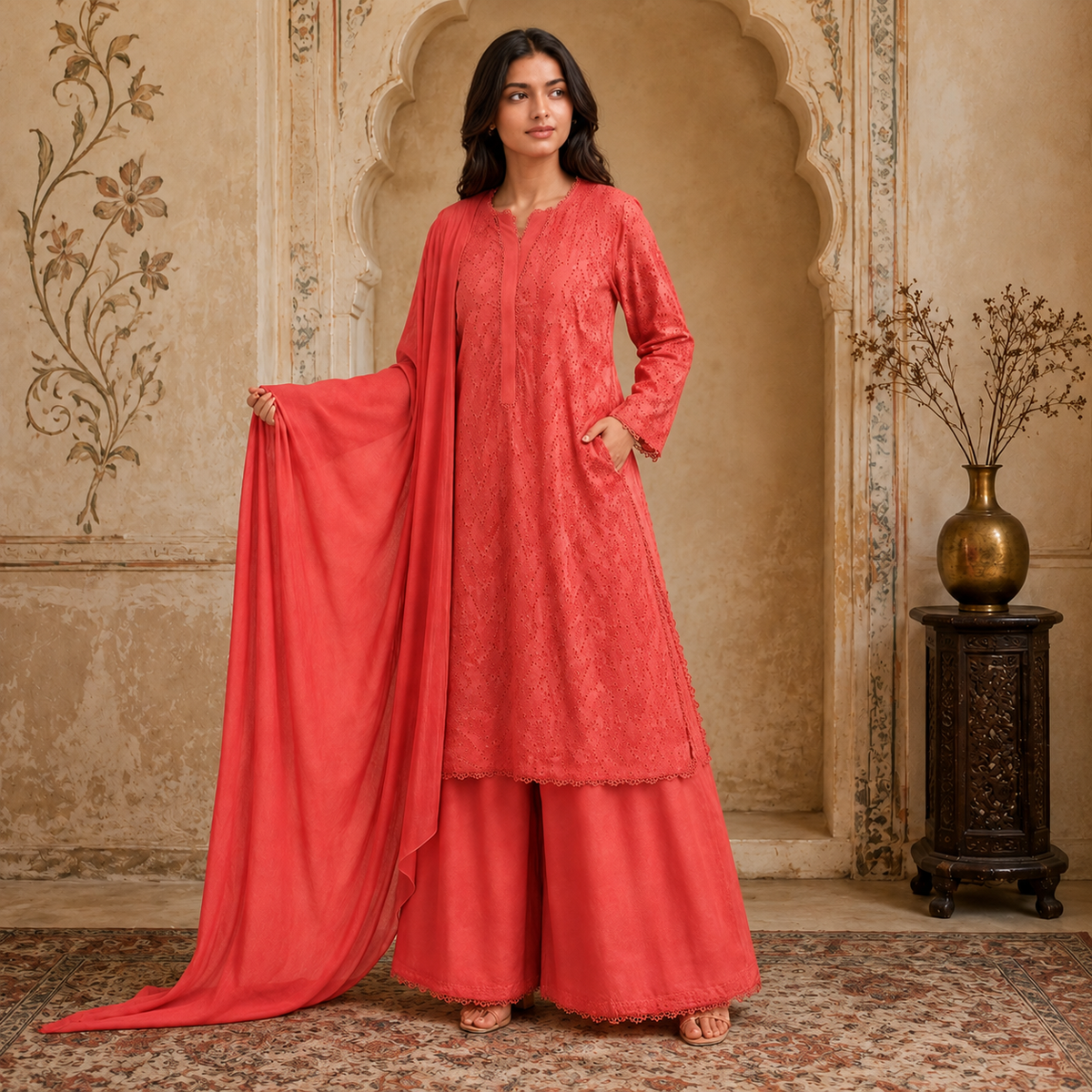 Coral Pink Chikankari Lawn 3-Piece Suit