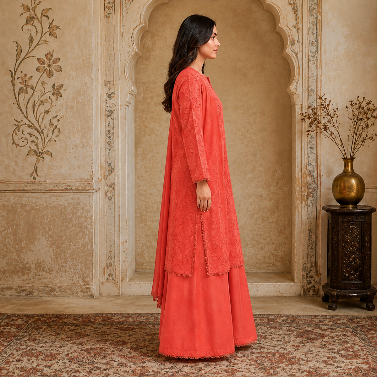 Coral Pink Chikankari Lawn 3-Piece Suit