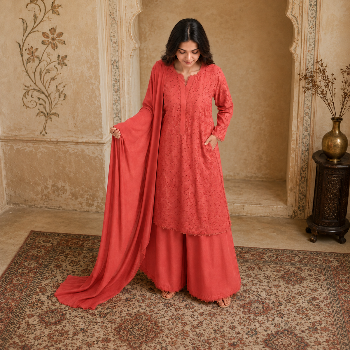 Coral Pink Chikankari Lawn 3-Piece Suit