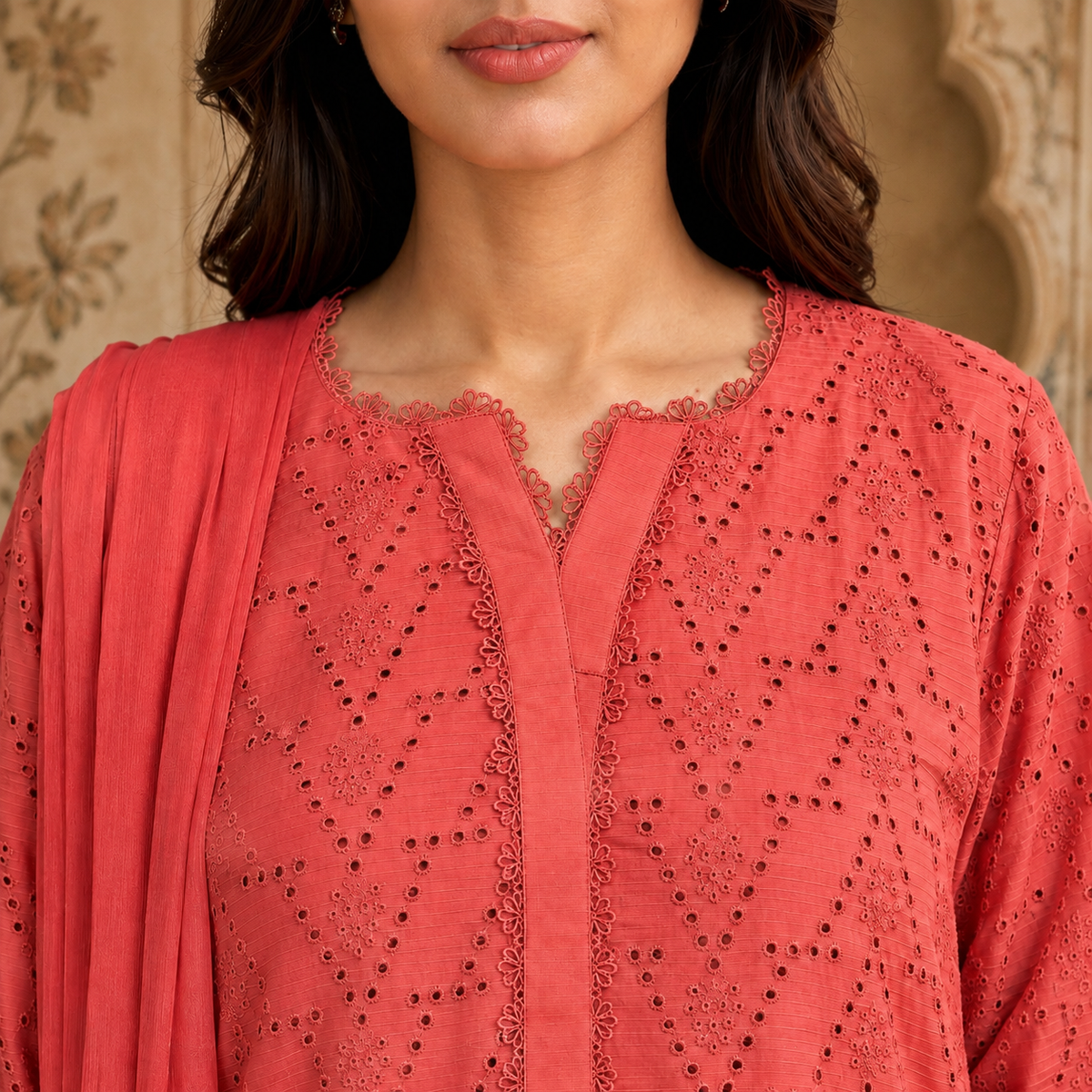 Coral Pink Chikankari Lawn 3-Piece Suit