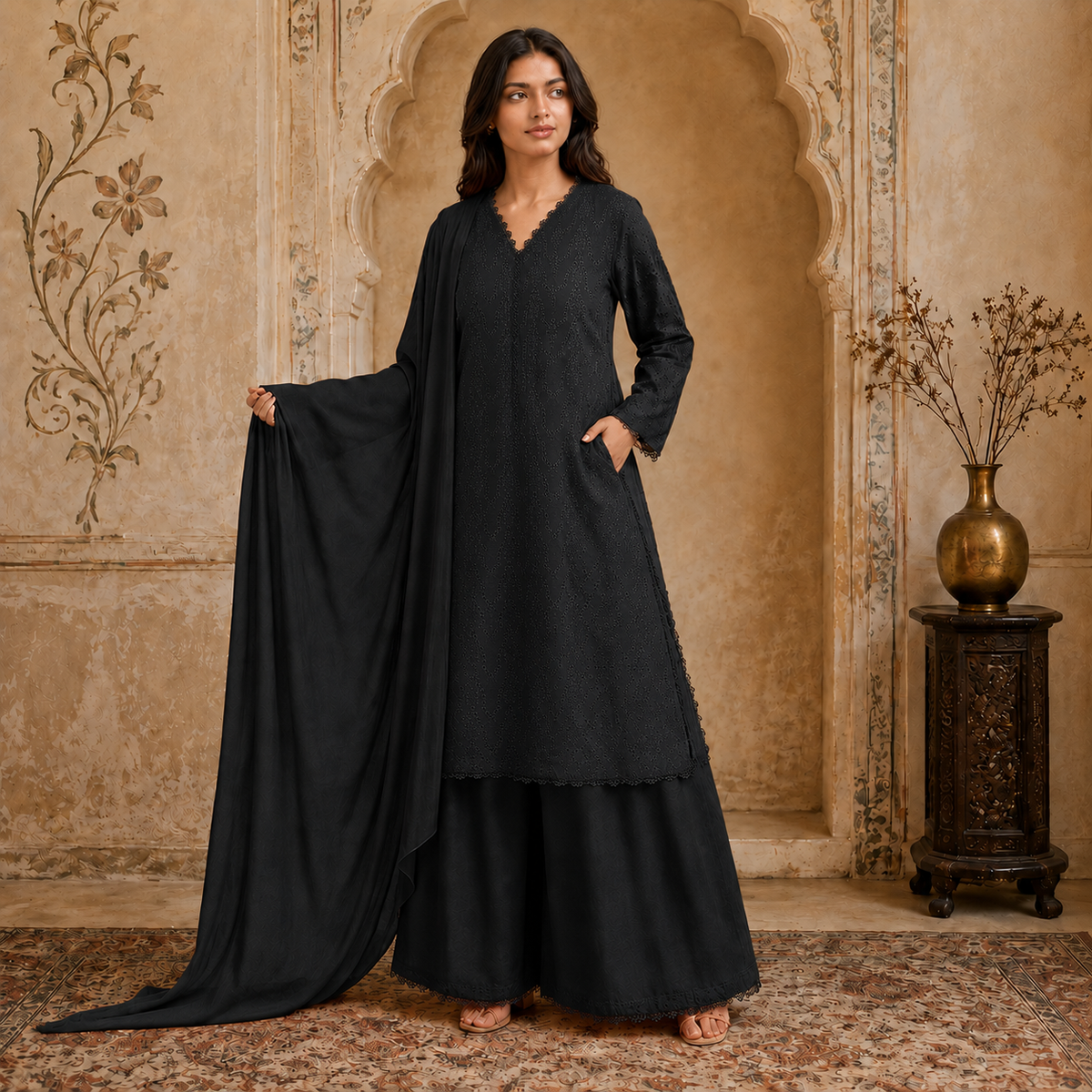 Jet black Chikankari Lawn 3-Piece Suit
